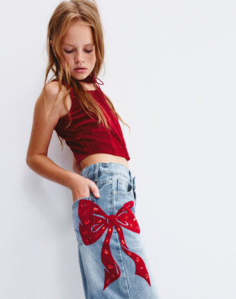Джинсы Wide leg с бантом со стразами для девочек детям