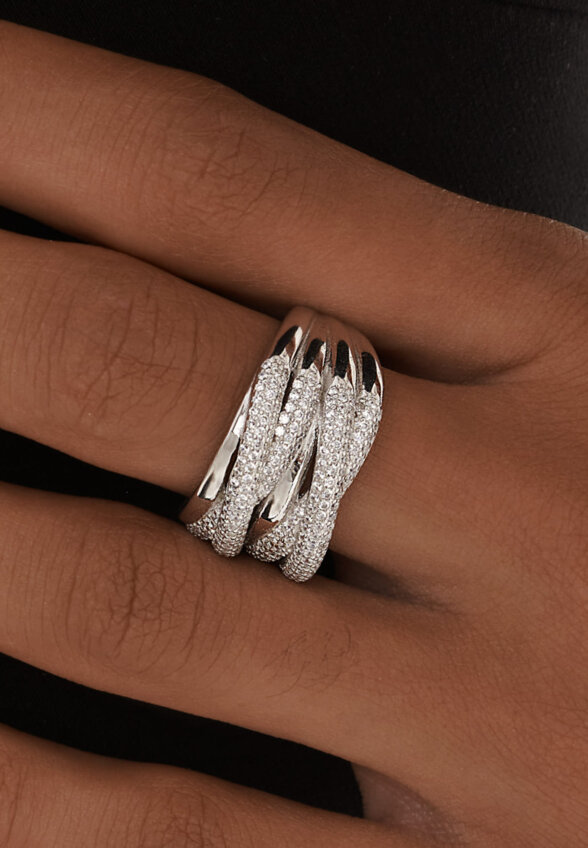 Кольцо многослойное с фианитами серебряное MIE