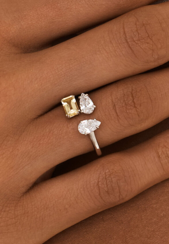 Серебряное разомкнутое кольцо ЭЙФОРИЯ с цитрином Эмеральд и фианитами MIE