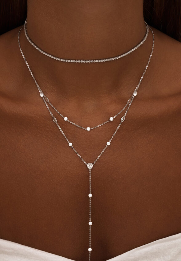 Двойное колье-галстук из серебра с фианитами MIE