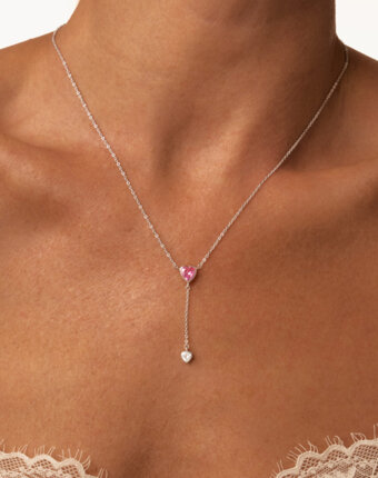 Серебряное колье-галстук ЛЮБОВЬ с розовым и белым сердцами MIE женщинам