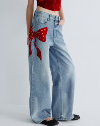 Джинсы Wide leg с бантом со стразами для девочек детям