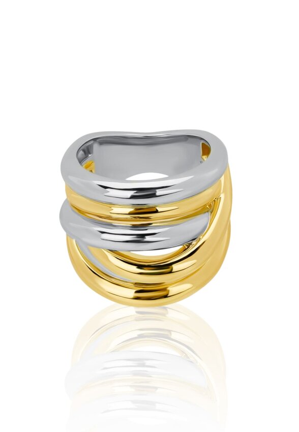 Широкое многослойное кольцо из серебра биколор MIE