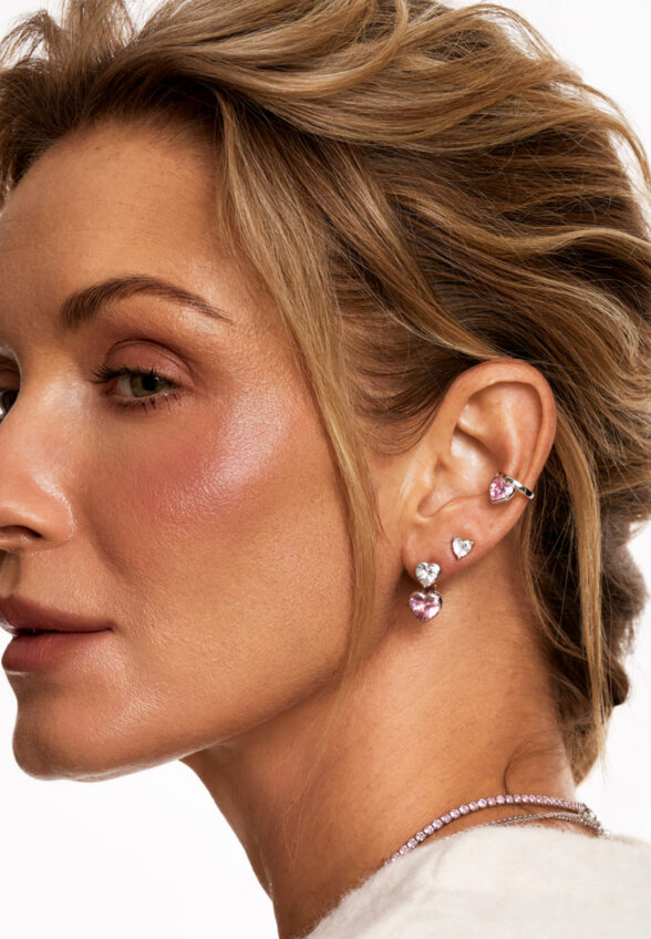 Серебряные серьги-трансформеры ЛЮБОВЬ с белым и розовым сердцами MIE