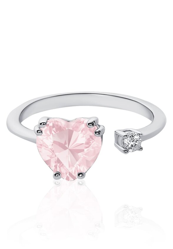 Серебряное разомкнутое кольцо ЛЮБОВЬ с белым и розовым сердцами MIE