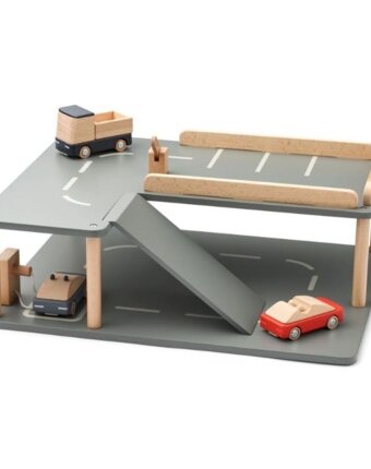 Набор машинок с гаражом ЛИВУД (LIEWOOD) "Поселок", 4 элемента, мульти микс с серо-синим детям