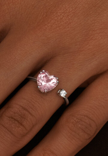 Серебряное разомкнутое кольцо ЛЮБОВЬ с белым и розовым сердцами MIE