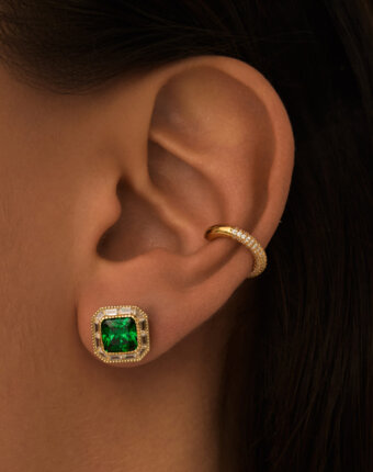 Серебряные серьги-пусеты с зеленым фианитом в покрытии желтое золото MIE женщинам