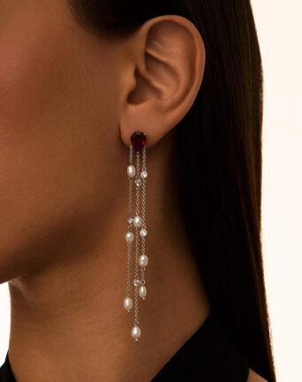 Серебряные серьги СИЦИЛИЯ с красным камнем и подвесками с жемчугом MIE женщинам