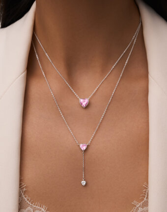 Серебряное колье-галстук ЛЮБОВЬ с розовым и белым сердцами MIE женщинам