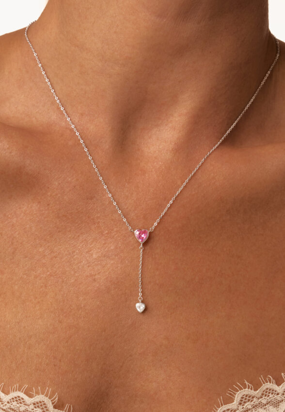 Серебряное колье-галстук ЛЮБОВЬ с розовым и белым сердцами MIE