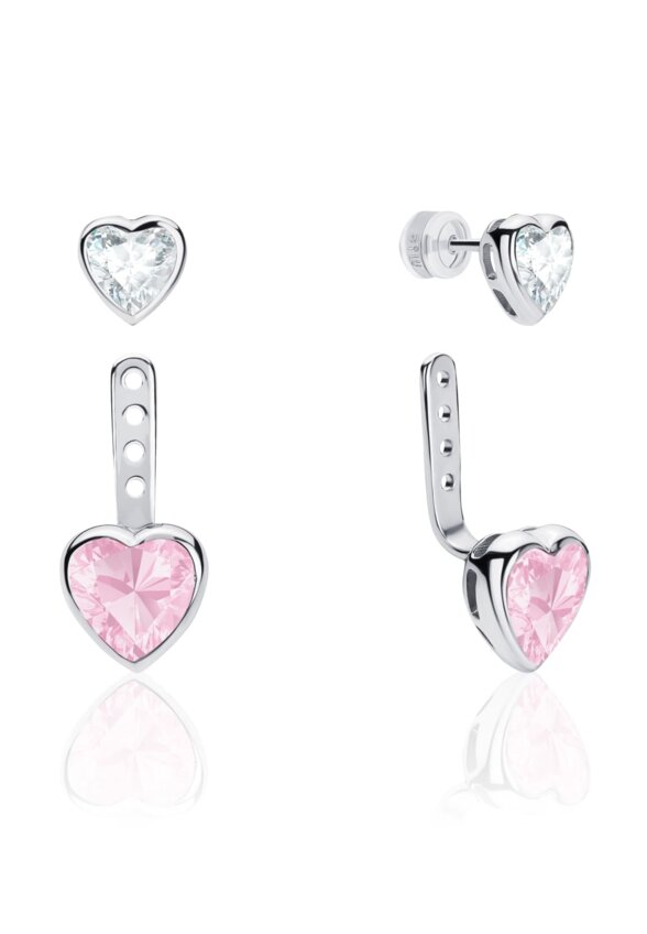 Серебряные серьги-трансформеры ЛЮБОВЬ с белым и розовым сердцами MIE