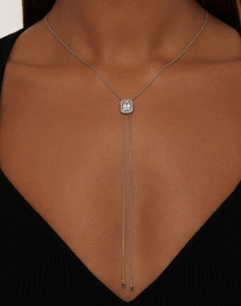 Серебряное колье-галстук ПОЛНОЧЬ с крупным фианитом в огранке Эмеральд MIE женщинам