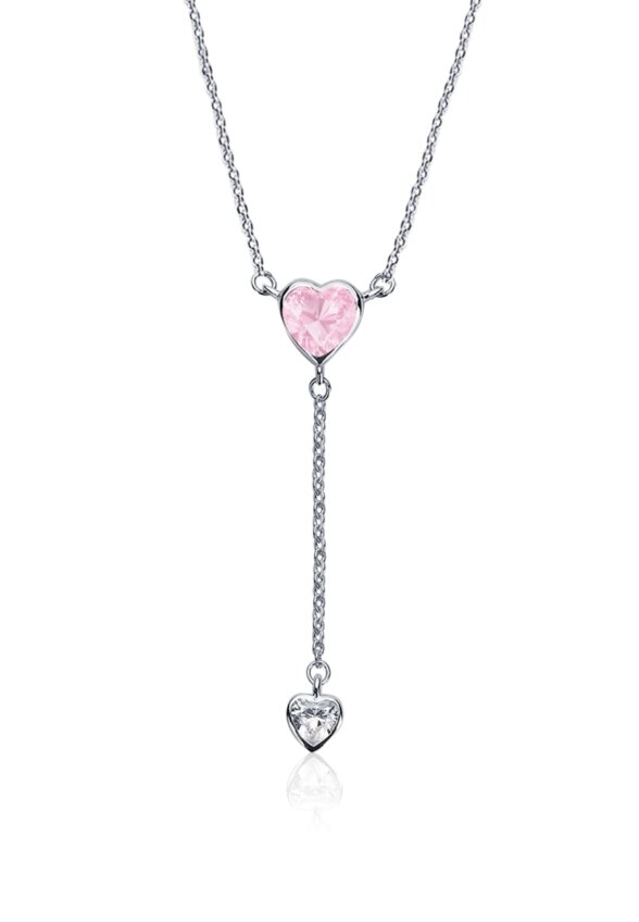 Серебряное колье-галстук ЛЮБОВЬ с розовым и белым сердцами MIE