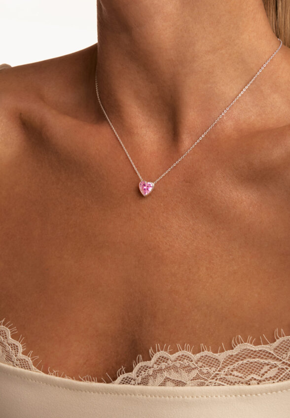 Серебряное колье ЛЮБОВЬ с розовым сердцем MIE