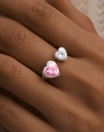 Серебряное разомкнутое кольцо ЛЮБОВЬ с двумя сердцами MIE женщинам