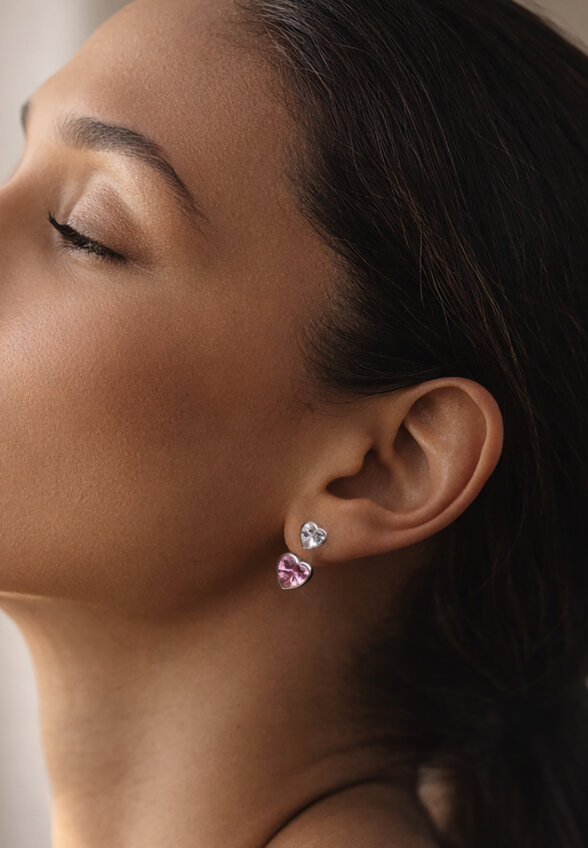 Серебряные серьги-трансформеры ЛЮБОВЬ с белым и розовым сердцами MIE