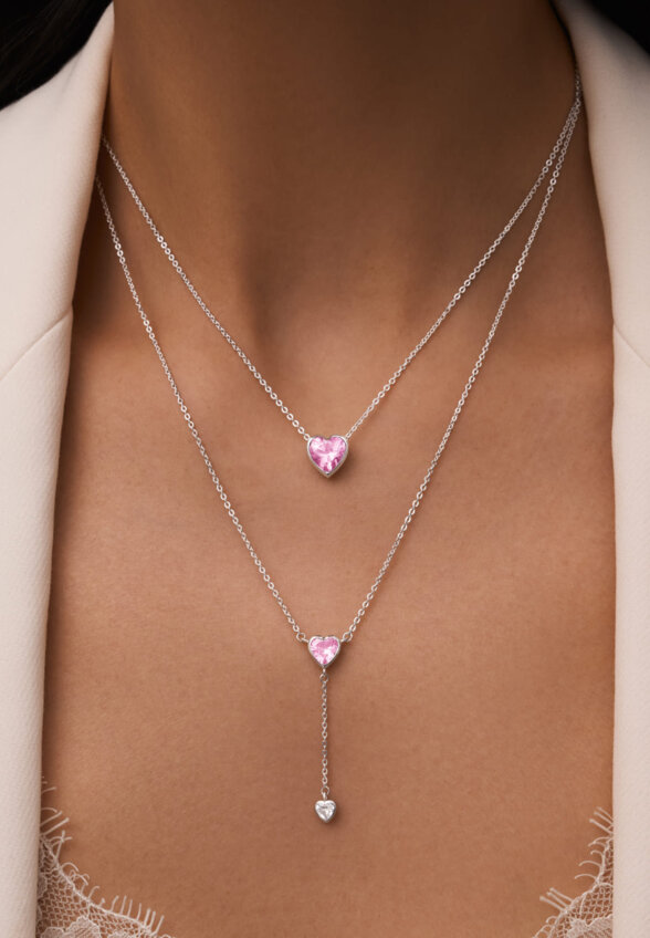 Серебряное колье ЛЮБОВЬ с розовым сердцем MIE