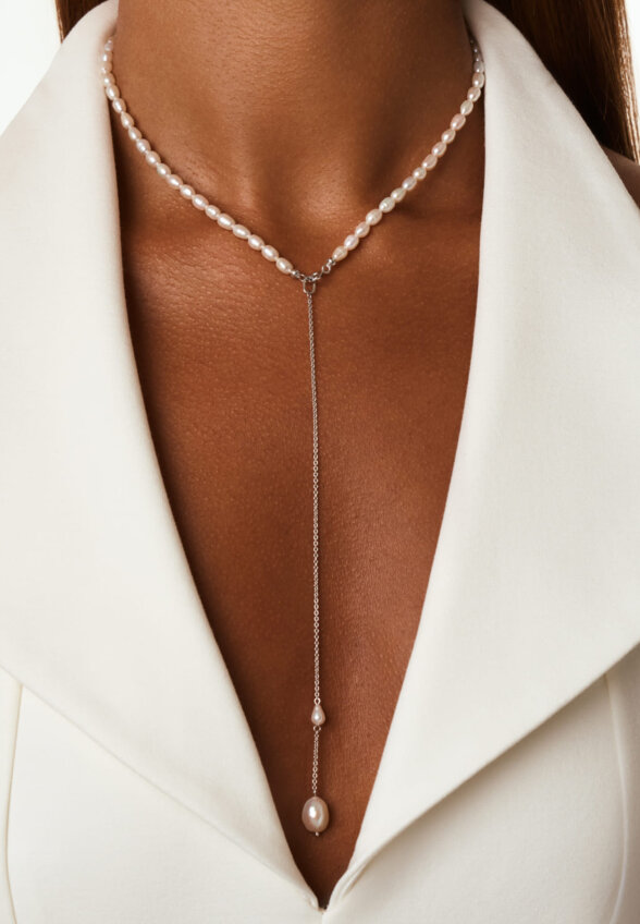 Серебряное колье-галстук СИЦИЛИЯ с барочной жемчужиной MIE