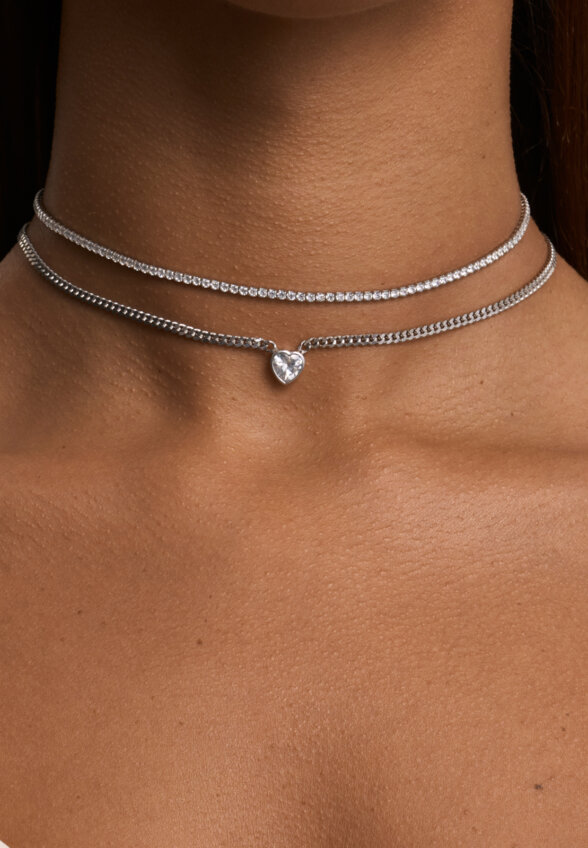 Теннисное серебряное колье чокер с фианитами MIE