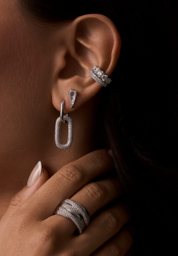 Кольцо многослойное с фианитами серебряное MIE