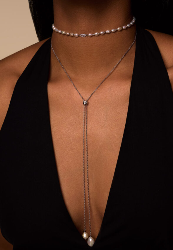Серебряное колье-галстук СИЦИЛИЯ с жемчугом MIE