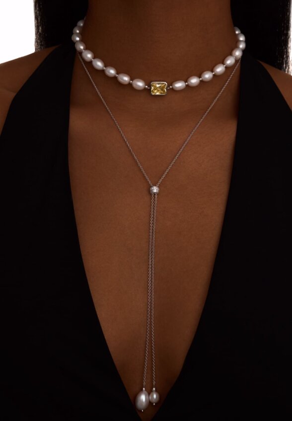 Серебряное колье-галстук СИЦИЛИЯ с жемчугом MIE