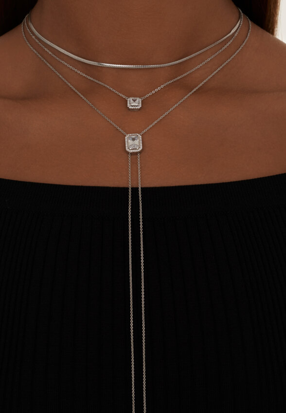 Серебряное колье-галстук ПОЛНОЧЬ с крупным фианитом в огранке Эмеральд MIE