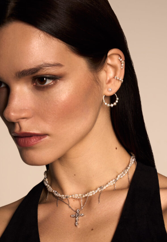 Серебряное колье с крестом ГАЛАТЕЯ с натуральным жемчугом MIE