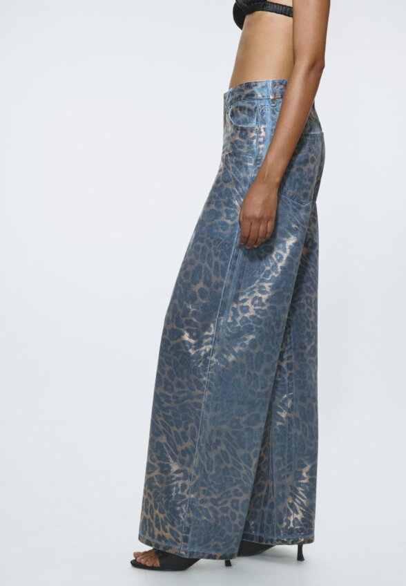 Леопардовые джинсы Wide Leg с эффектом металлик