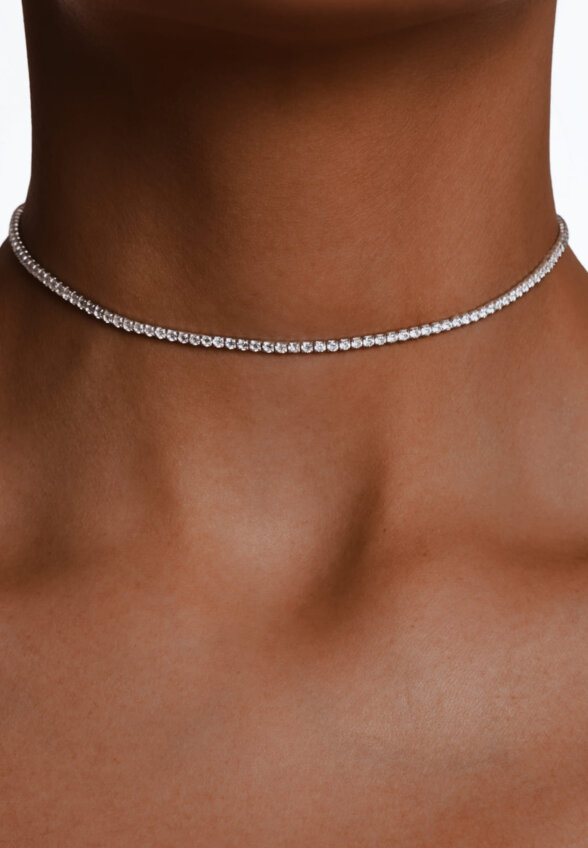 Теннисное серебряное колье чокер с фианитами MIE