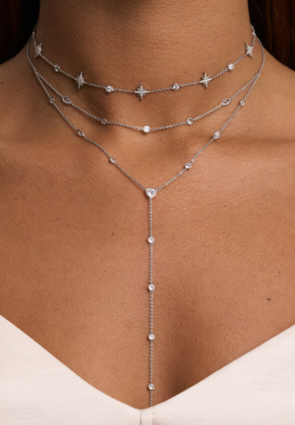 Двойное колье-галстук из серебра с фианитами MIE