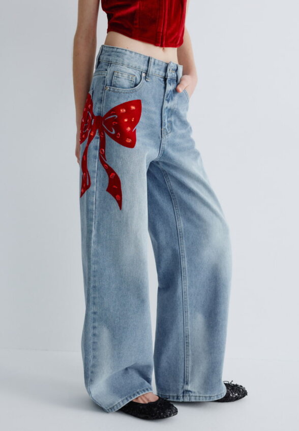Джинсы Wide leg с бантом со стразами для девочек