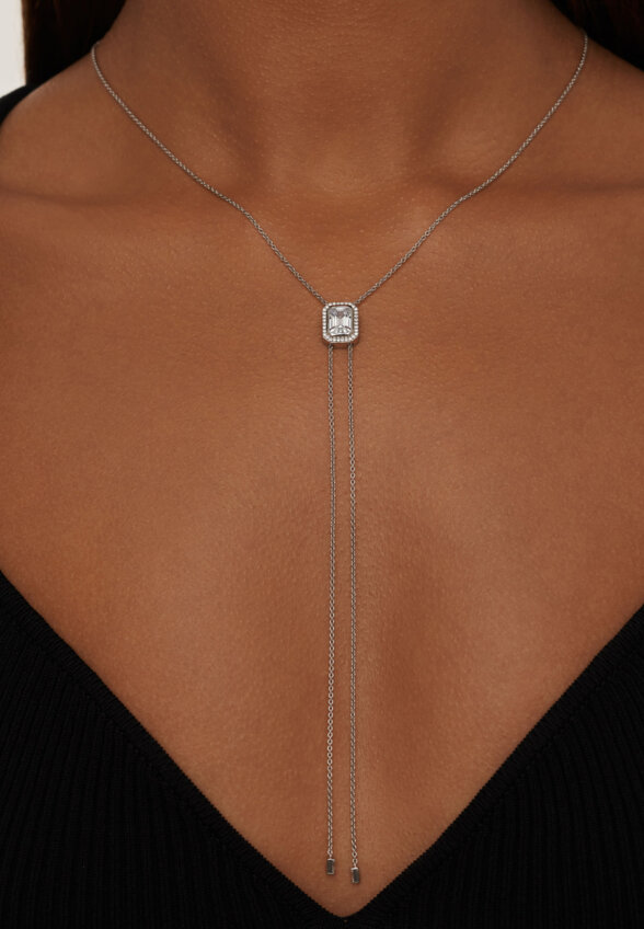 Серебряное колье-галстук ПОЛНОЧЬ с крупным фианитом в огранке Эмеральд MIE