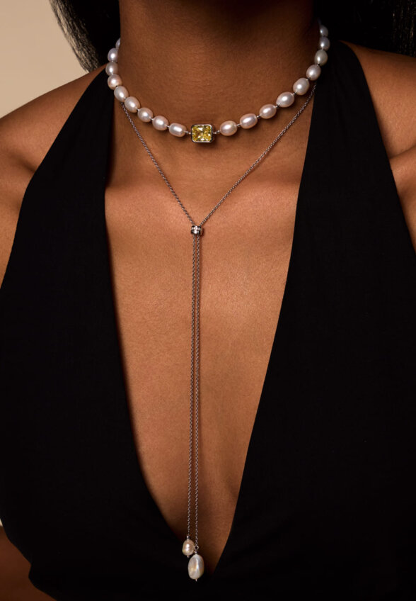 Серебряное колье-галстук СИЦИЛИЯ с жемчугом MIE