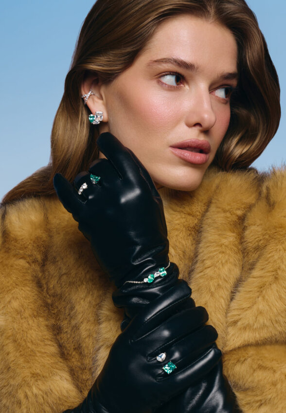 Двойной серебряный кафф с фианитами MIE