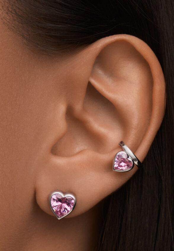 Серебряный кафф ЛЮБОВЬ с розовым сердцем MIE